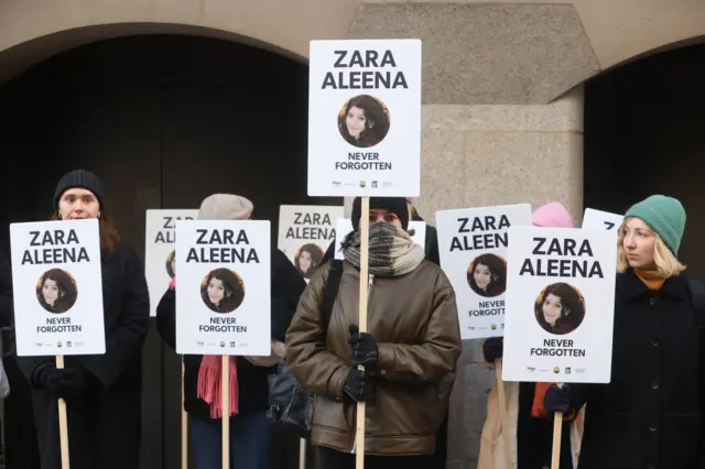 Protesters with placards saying 'Zara Aleena, never forgotten'