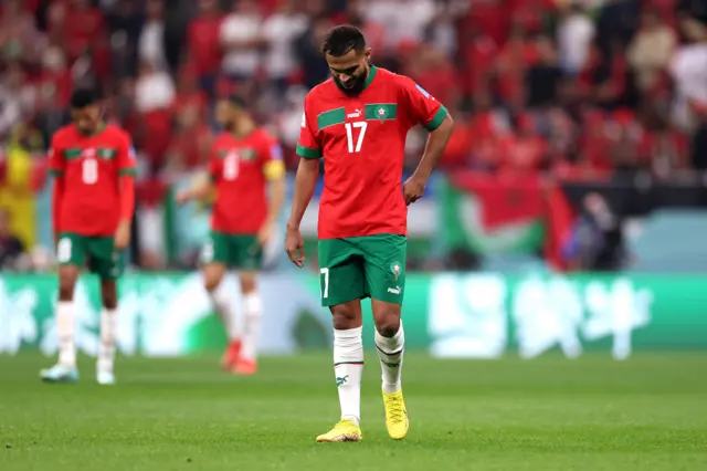 Sofiane Boufal of Morocco looks dejected after France scored their sides first goal during the FIFA World Cup Qatar 2022 semi final match between France and Morocco