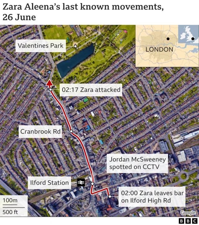 A map showing Zara Aleena's movements