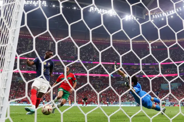 Randal Kolo Muani scores France's second goal against Morocco in the 2022 World Cup semi-final