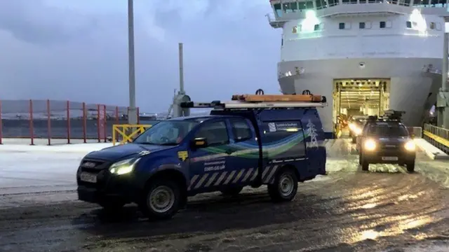 SSEN vans arrived off the overnight ferry from Aberdeen on Wednesday morning.