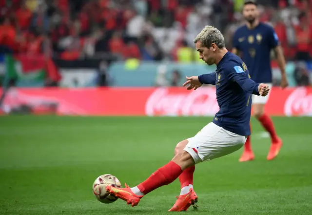 Antoine Griezmann passes the ball during the Qatar 2022 World Cup semi-final football match between France and Morocco at the Al-Bayt Stadium in Al Khor