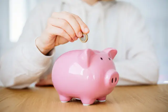 Person puts a coin in a piggy bank