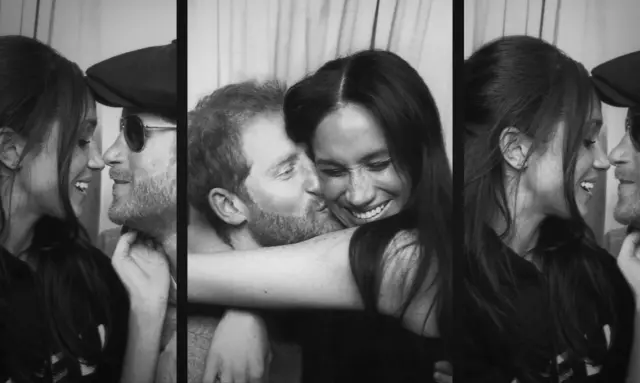 Three pictures of Harry and Meghan being affectionate to each other, in one Harry is kissing Meghan on the cheek