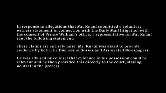 Statement from Jason Knauf included the Sussexes' Netflix series, including the line: "These claims are entirely false. Mr Knauf was asked to provide evidence by both the Duchess of Sussex and Associated Newspapers".