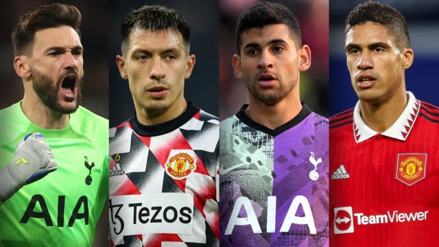 Tottenham's Hugo Lloris, Manchester United's Lisandro Martinez, Tottenham's Christian Romero and Manchester United's Raphael Varane