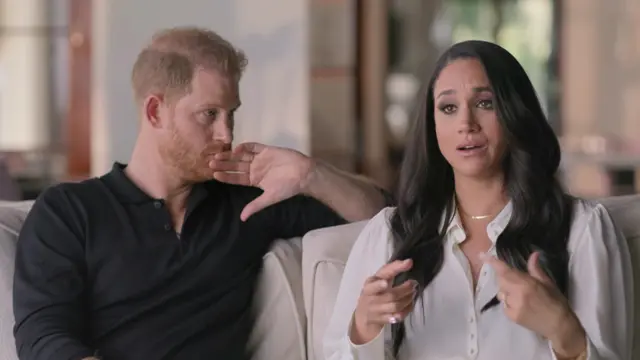 Prince Harry and wife Meghan speak during their Netflix series