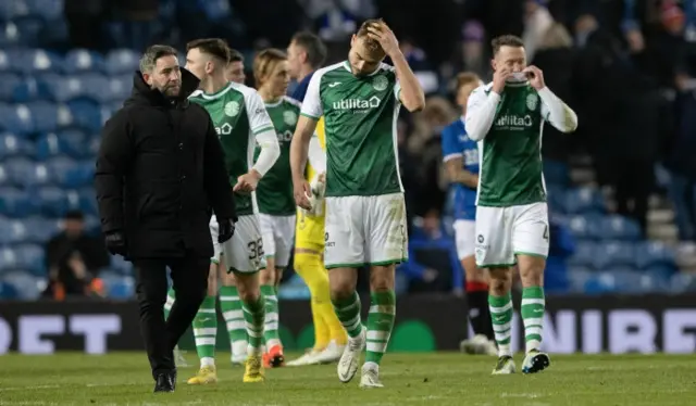 Hibs manager Lee Johnson and players look disappointed