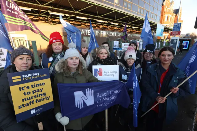 Members of the Royal College of Nursing (RCN) on the picket line outside Mater Infirmorum Hospital in Belfast