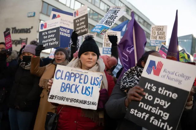 Members of the Royal College of Nursing (RCN) on the picket line outside St Thomas' Hospital in London