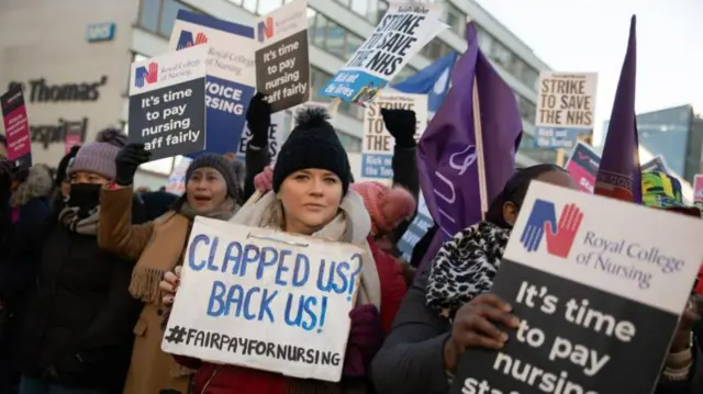 Members of the Royal College of Nursing (RCN) on the picket line outside St Thomas' Hospital in London as nurses in England, Wales and Northern Ireland take industrial action over pay