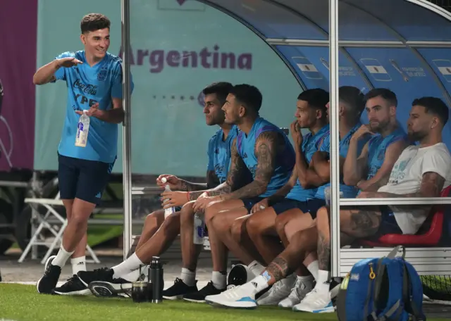 Argentina's Julian Alvarez (left) during a training session