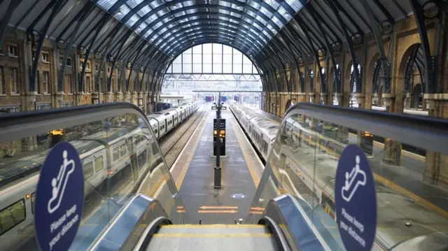 Empty platforms at Kings Cross Station in London during strike action by members of the Rail, Maritime and Transport union (RMT) in a long-running dispute over jobs and pensions.