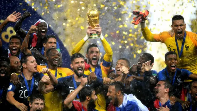 Hugo Lloris holds aloft the World Cup trophy in 2018