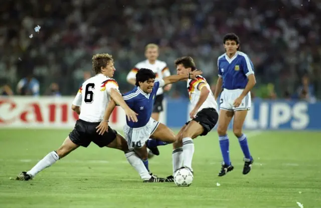 Diego Maradona in action for Argentina against West Germany in 1990