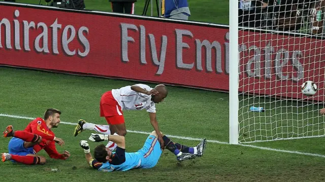 Gelson Fernandes scores against Spain in 2010