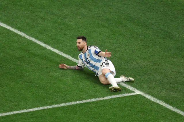 Lionel Messi celebrates giving Argentina the lead against France in the 2022 World Cup final