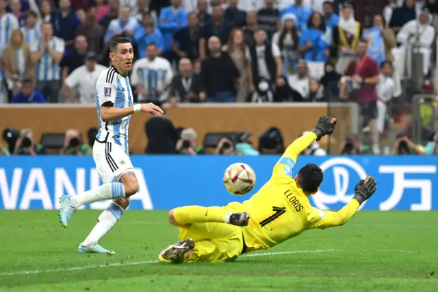 Angel di Maria scores Argentina's second goal against France in the 2022 World Cup final