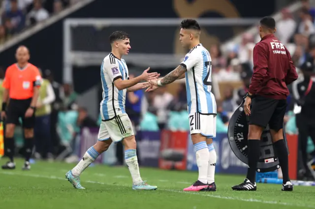 Lautaro Martinez replaces Julian Alvarez of Argentina during the FIFA World Cup Qatar 2022 Final match between Argentina and France at Lusail Stadium