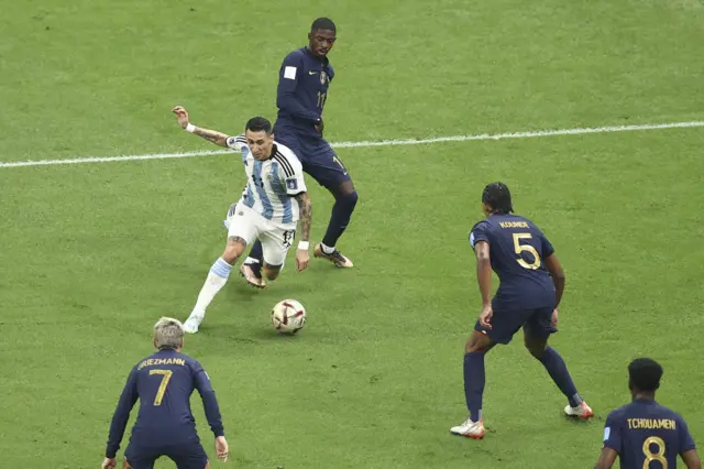 ngel Di Maria of Argentina is fouled by Ousmane Dembele of France to win a penalty during the FIFA World Cup Qatar 2022 Final match between Argentina and France at Lusail Stadium