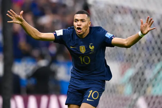 Kylian Mbappe celebrates equalising for France in the World Cup final