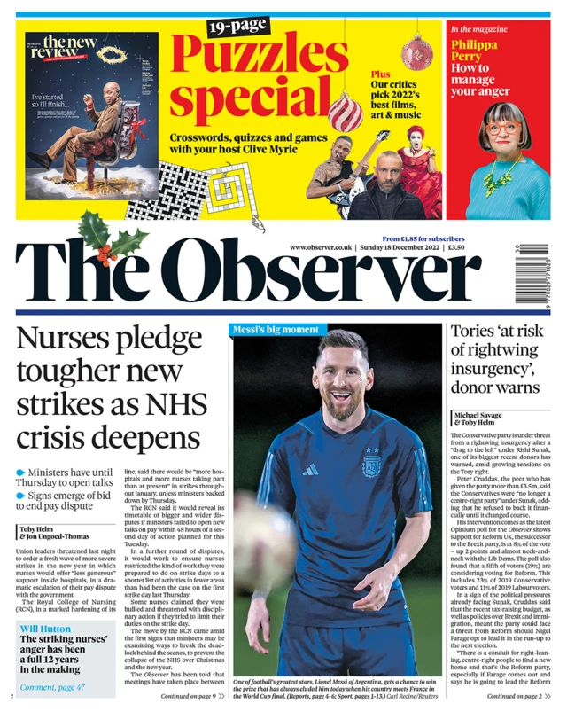 The headline in the Observer reads 'Nurses pledge tougher new strikes as NHS crisis deepens'