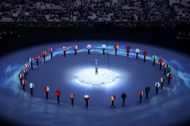 General view as artists perform during the closing ceremony of the Qatar 2022 World Cup ahead of the football final match between Argentina and France at Lusail Stadium in Lusail, north of Doha