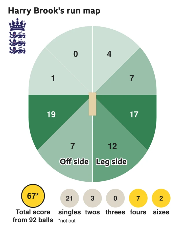 The run map shows Harry Brook scored 67 with 2 sixes, 7 fours, 3 twos, and 21 singles for England