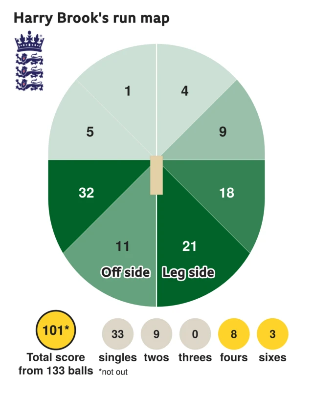 The run map shows Harry Brook scored 101 with 3 sixes, 8 fours, 9 twos, and 33 singles for England