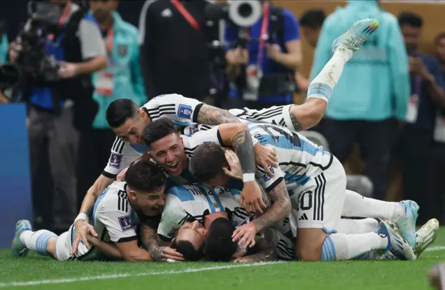 Argentina celebrate their second goal against France at the 2022 World Cup final