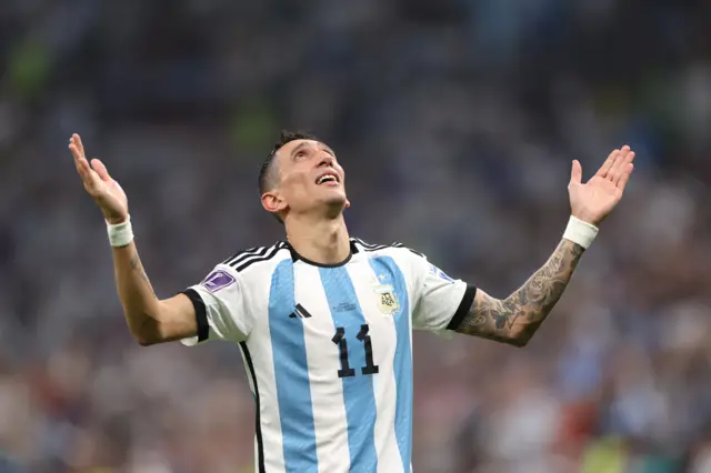 Angel di Maria celebrates Argentina's second goal against France at the 2022 World Cup final