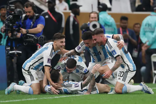 Argentina celebrate their second goal against France at the 2022 World Cup final