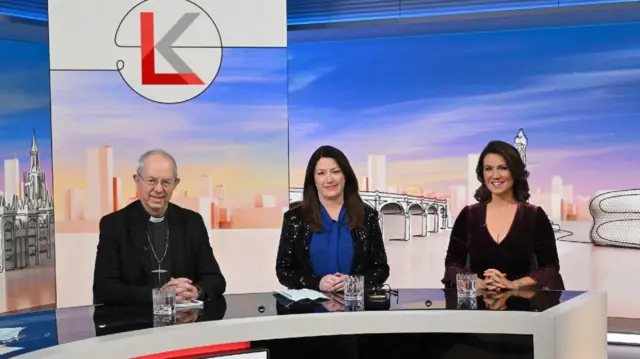 The Archbishop of Canterbury Justin Welby, Sun Editor Victoria Newton and TV presenter Susanna Reid