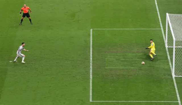 Lionel Messi scores Argentina's first goal in the 2022 World Cup final against France