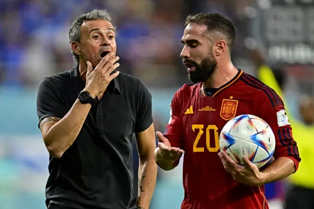 Luis Enrique watches on during Spain v Japan at the Fifa World Cup