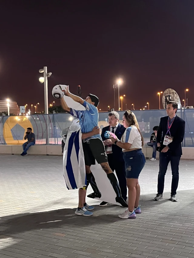 A life size cutout of Luis Suarez's handball against Ghana in the World Cup