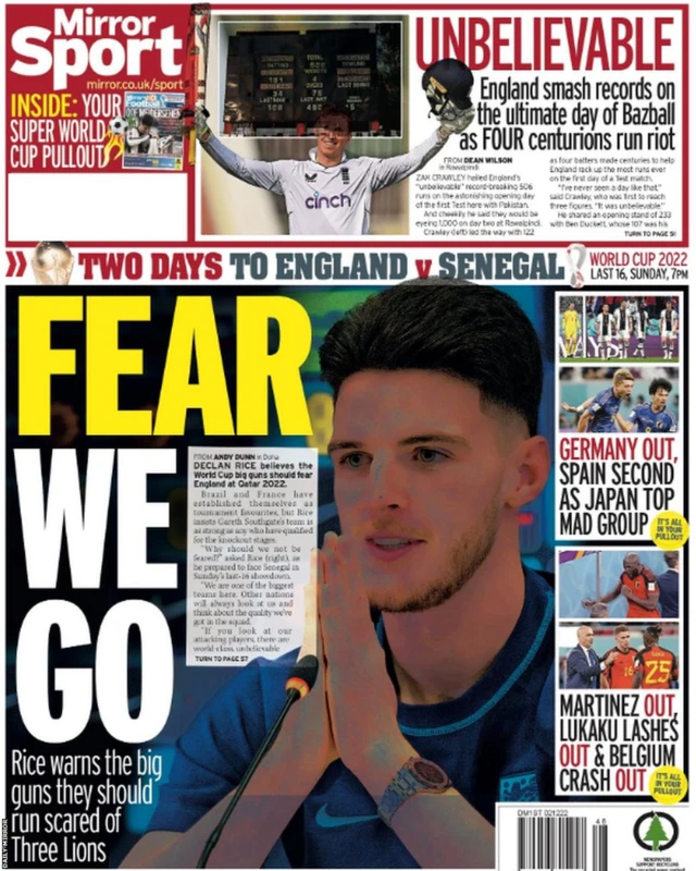 Back page of the Daily Mirror on 2 December with England midfielder Declan Rice saying teams should fear his side at the 2022 World Cup