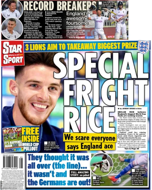 Back page of the Daily Star on 2 December featuring Declan Rice saying teams at the World Cup should fear England