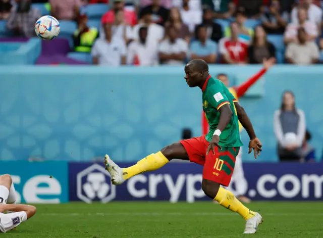 Vincent Aboubakar of Cameroon lobs the goalkeeper to score 2nd goal during the FIFA World Cup Qatar 2022 Group G match between Cameroon v Serbia at Al Janoub Stadium on November 28, 2022 in Al Wakrah, Qatar