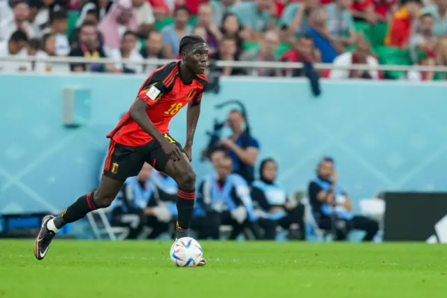 Belgium's Amadou Onana during World Cup match v Morocco in Qatar