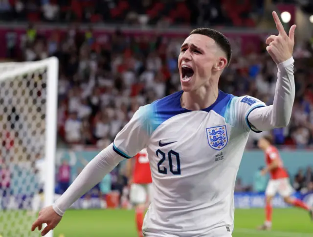 England's Phil Foden celebrates scoring v Wales in FIFA World Cup in Qatar