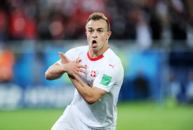 Switzerland's Xherdan Shaqiri celebrates after scoring v Serbia in 2018 World Cup