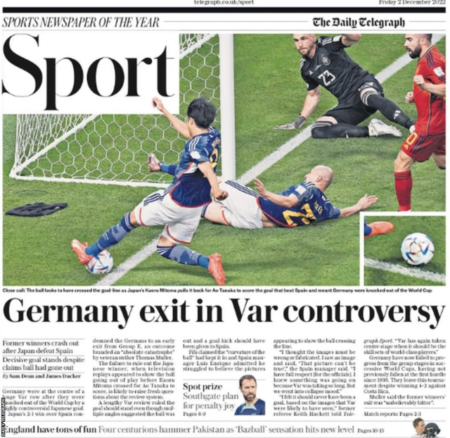 Daily Telegraph on 2 Dec focusing on Germany's World Cup exit