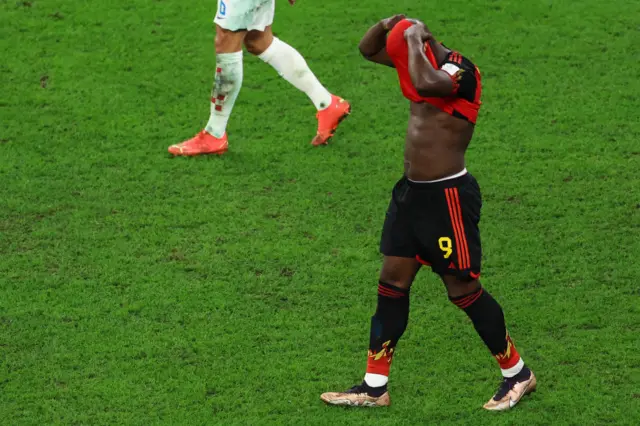 Belgium's Romelu Lukaku reacts after missing chance during World Cup match v Croatia in Qatar