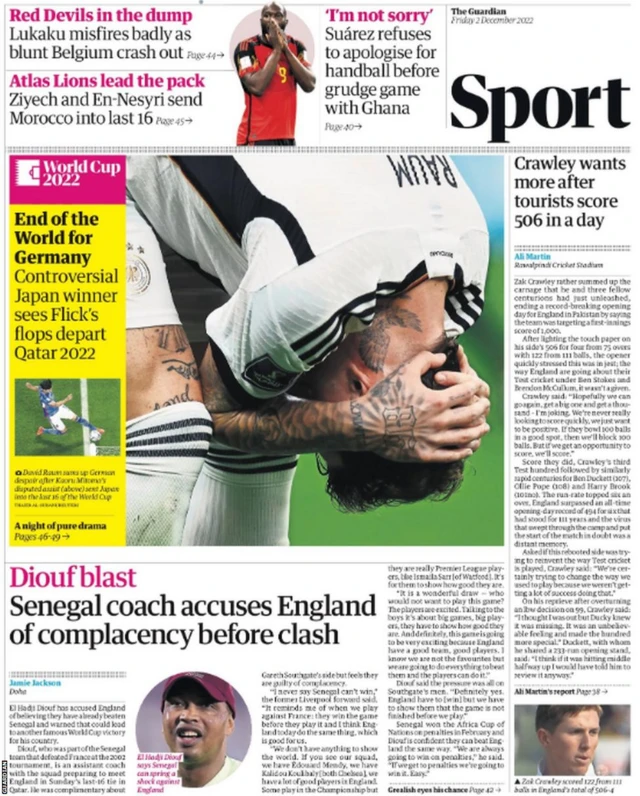 Back page of the Guardian on 2 December focuses on Germany's exit from the 2022 World Cup