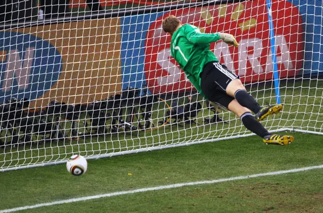 The ball bounces over the line past goalkeeper Manuel Neuer of Germany as England are denied the goal decision during the 2010 FIFA World Cup South Africa Round of Sixteen match between Germany and England at Free State Stadium on June 27, 2010 in Bloemfontein, South Africa