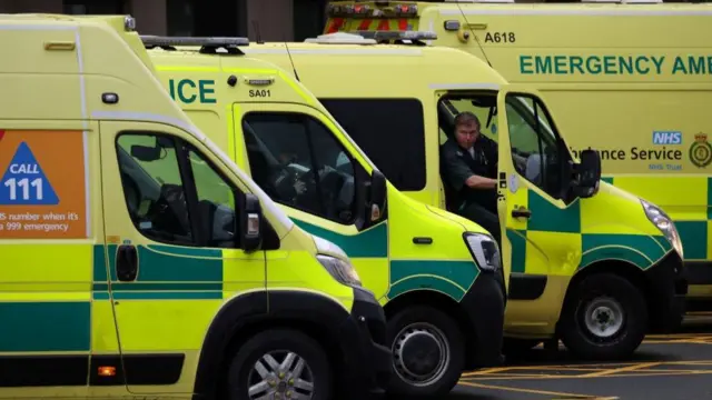 Ambulances outside the Royal Liverpool University Hospital in Liverpool, Britain, December 19, 2022.