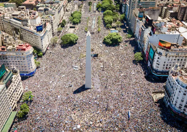 Aerial view of fans of Argentina gathering at the Obelisk