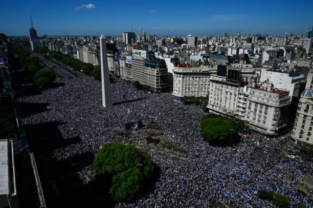 aerial view fans of Argentina wait for the bus with Argentina's players