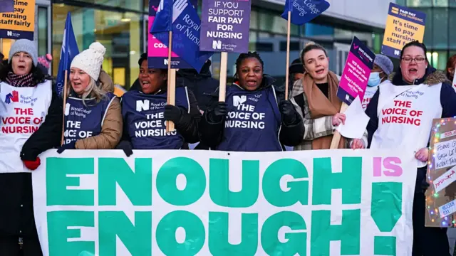 Members of the Royal College of Nursing (RCN) on the picket line outside the Queen Elizabeth Hospital, Birmingham